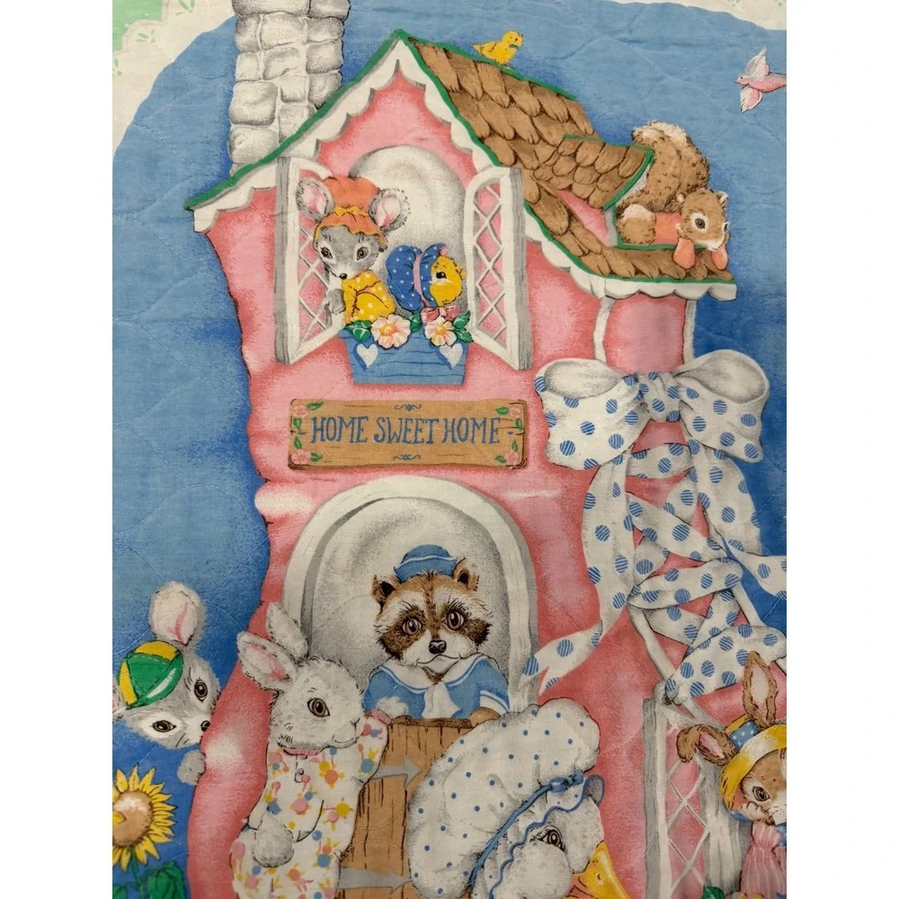 Vintage Mother Goose Nursery Rhyme Baby Quilt Blanket Reversible Mint Green Blue